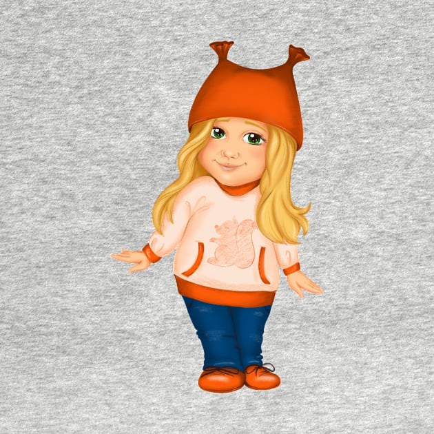 Little girl in orange hat and spring clothes. Spring print by Ayaruta